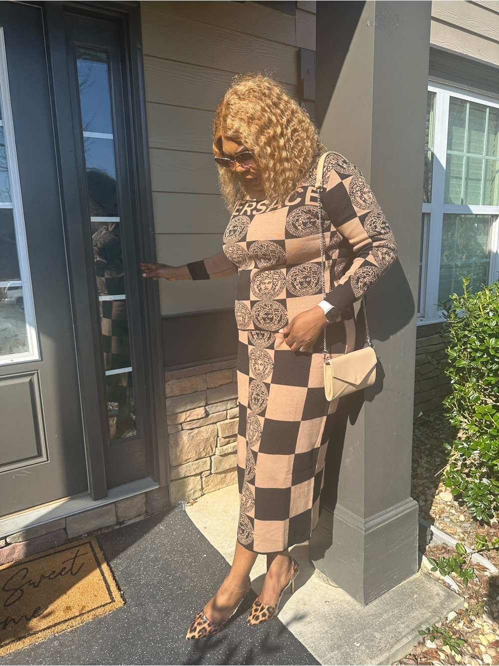Versace Brown & Black Checkerboard Midi Dress with Medallion Print